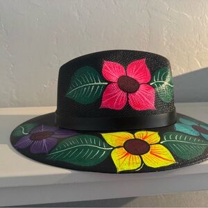Floral Black Wide-Brim Hat